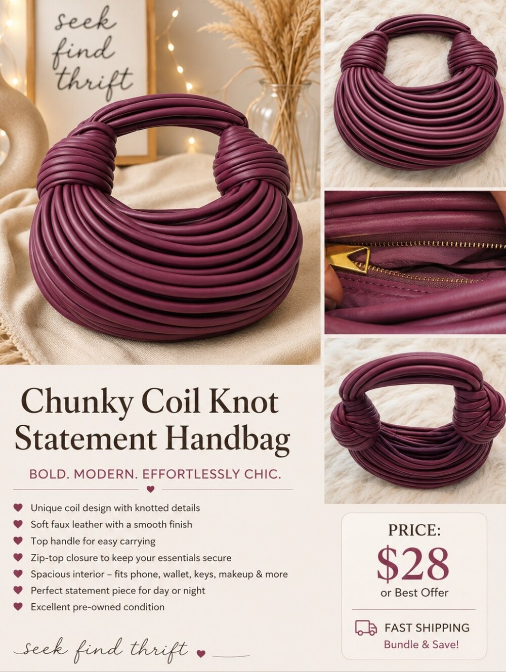 Faux Leather Knotted Coil Statement Handbag Sculptural Top Handle Purse